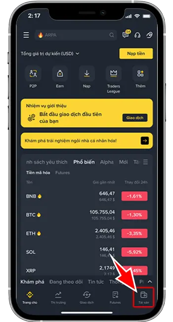 Bước 1: Tại giao diện trang chủ ví Binance -> chọn "Tài Sản"